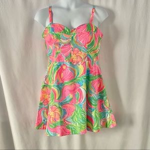 Lilly Pulitzer Floral Neon Mini Cotton Pink Strappy Dress Size 16 Fit and Flare